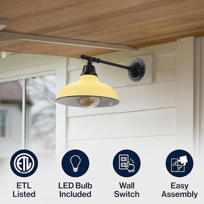 JONATHAN Y 12.25" Matte Yellow/Black 1-Light Industrial Farmhouse Outdoor Sconce, Iron Wall Light with LED Bulb, Metal Bowl Shade, Vintage Porch Lamp for Entryway Patio Kitchen (JYL7615H)