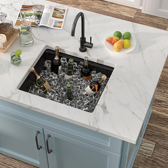 18 Undermount Bar Sink Workstation - Fulorni 18"x18" Undermount Wet Bar Sink Matte Black Granite Composite Quartz Classic Single Bowl Under Counter Small Kitchen Bar Prep RV Sink Basin
