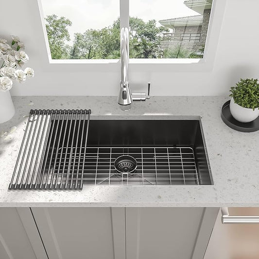 33 Inch Black Undermount Kitchen Sink - Beslend Gunmetal Black NANO-PVD Sinks Stainless Steel Under Counter Kitchen Sink 16 Gauge Single Bowl Round Corner Basin 33x19x10