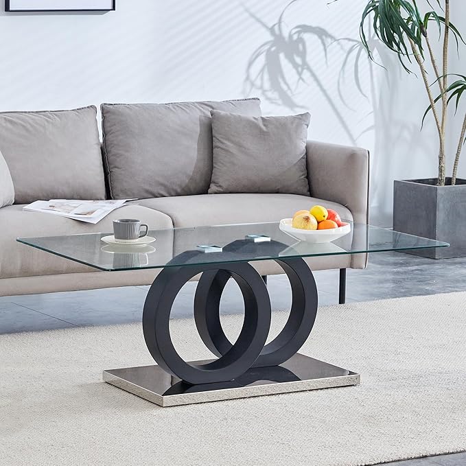 Glass Coffee Table for Living Room, 47" Modern Rectangle Coffee Tables with Tempered Glass Top and Unique Wooden Base, Clear Center Table for Living Room, Apartment, Office