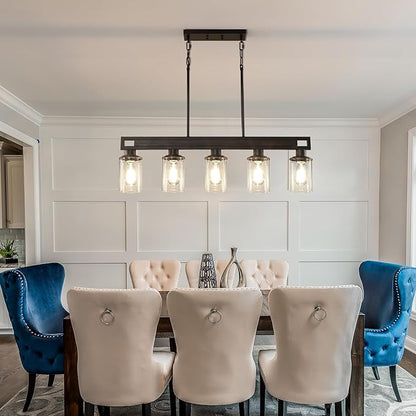 Farmhouse Dining Room Light Fixture Over Table, 5-Light Wood Kitchen Island Lighting, Black Adjustable Pendant Light with Clear Glass Shades, Linear Chandeliers Lighting for Kitchen