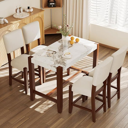 Merax 5-Piece Counter Height Dining Set with 1 Faux Marble Top Bar Table and 4 Upholstered Chairs, Mid-Century Modern Kitchen Table Set for Dining Room, Pub Kitchen