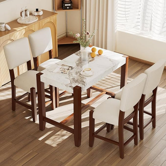 Merax 5-Piece Counter Height Dining Set with 1 Faux Marble Top Bar Table and 4 Upholstered Chairs, Mid-Century Modern Kitchen Table Set for Dining Room, Pub Kitchen