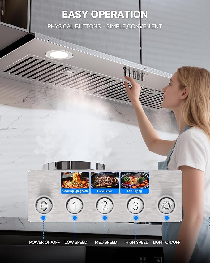 AMZCHEF Range Hood Insert 30 Inch, 1000 CFM Stainless Steel Built-in Kitchen Vent Hood,3-Speed Exhaust Fan with Button, LED Lights,Baffle Filters & Charcoal Filters,Sliver Button