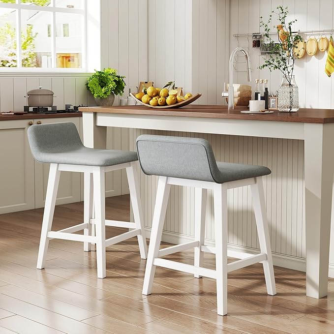 Giantex 24" Bar Stools Set of 2, Upholstered Counter Height Barstools with Low Back, Footrest, Armless Wood Bar Chairs for Kitchen Island, Dining Room, White & Gray