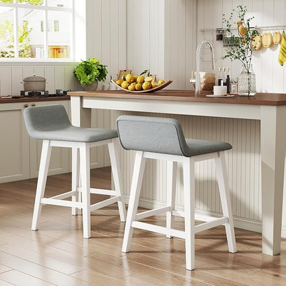 Giantex 24" Bar Stools Set of 2, Upholstered Counter Height Barstools with Low Back, Footrest, Armless Wood Bar Chairs for Kitchen Island, Dining Room, White & Gray