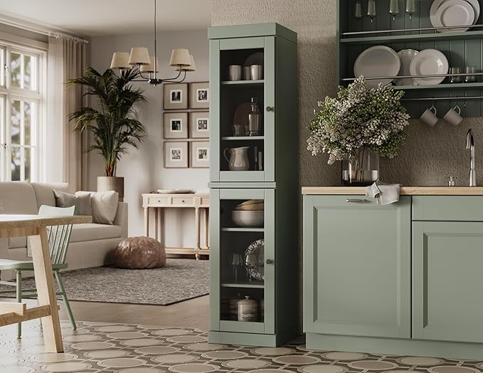 Palace Imports Solid Wood Kitchen Pantry Cabinet w/Glass Doors - Narrow Storage Cabinet - 16.5" Wide x 71.5" Tall - Sage, Adjustable Shelves, 100% Eco-Friendly Wood, Modular Cabinets