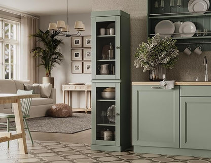 Palace Imports Solid Wood Kitchen Pantry Cabinet w/Glass Doors - Narrow Storage Cabinet - 16.5" Wide x 71.5" Tall - Sage, Adjustable Shelves, 100% Eco-Friendly Wood, Modular Cabinets