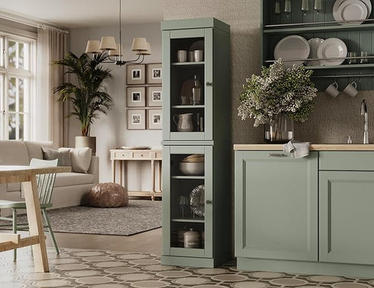 Palace Imports Solid Wood Kitchen Pantry Cabinet w/Glass Doors - Narrow Storage Cabinet - 16.5" Wide x 71.5" Tall - Sage, Adjustable Shelves, 100% Eco-Friendly Wood, Modular Cabinets