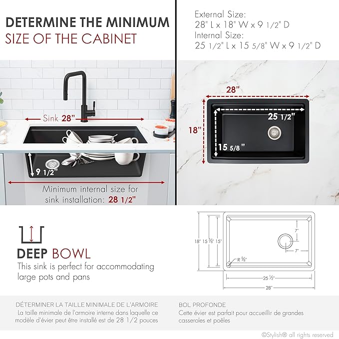 Stylish 28 x 18 Inch Composite Granite Workstation Kitchen Sink, Single Bowl Under Mount & Drop in, 9.5 in Deep, with Bamboo Cutting Board, Roll-Up Drying Rack, Colander & Strainer, Black, S-828WN