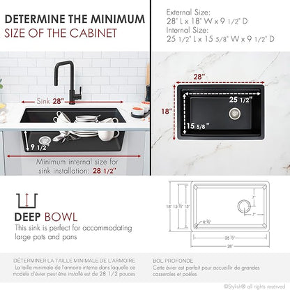 Stylish 28 x 18 Inch Composite Granite Workstation Kitchen Sink, Single Bowl Under Mount & Drop in, 9.5 in Deep, with Bamboo Cutting Board, Roll-Up Drying Rack, Colander & Strainer, Black, S-828WN