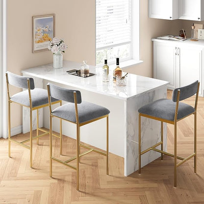 TrailBlaze Set of 2 Upholstered Bar Stools with Backrest & Footrest, Counter Height Dining Chairs, Thick Cushions - Modern Soft Fabric Grey and Gold - Kitchen Island, Dining Room, Bar - Easy Assembly