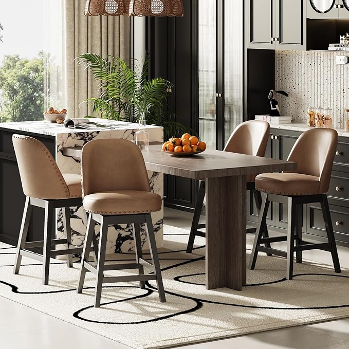 MALOL Swivel Bar Stools Set of 6, PU Leather Mid Century Mondern Barstools, 26 inch Counter Height Bar Chairs with Solid Back and Wood Legs, for Kitchen Island，Brown