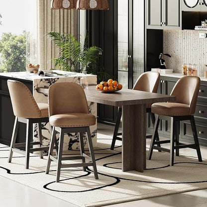 MALOL Swivel Bar Stools Set of 3, PU Leather Mid Century Mondern Barstools, 26 inch Counter Height Bar Chairs with Solid Back and Wood Legs, for Kitchen Island，Brown