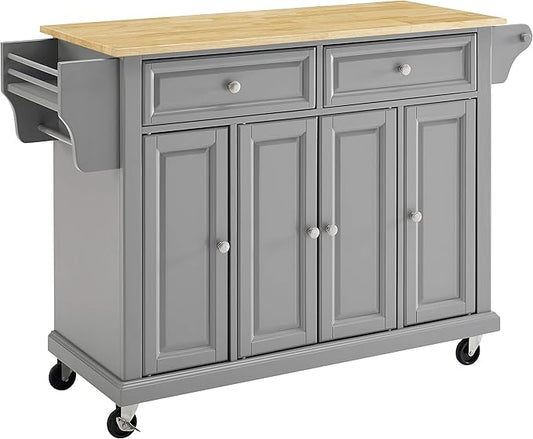 Crosley Furniture Full Size Wood Top Rolling Kitchen Island Storage Cart, Microwave Stand, Spice Rack, Gray