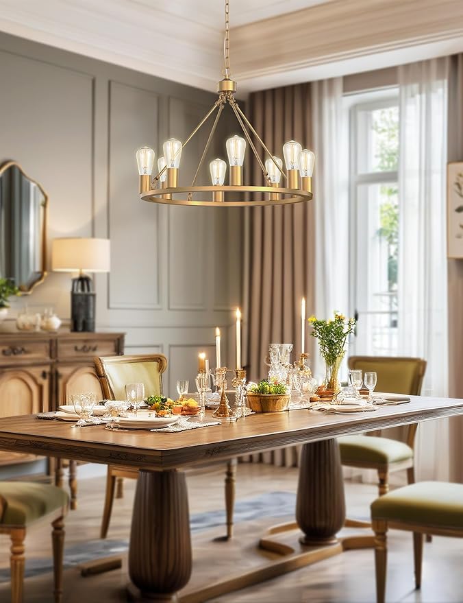 L LOHAS LED Gold Farmhouse Chandeliers for Dining Room, 8-Light Wagon Wheel Chandelier Over Table, Height Adjustable, 24" Dining Room Light Fixtures, Modern Chandelier for Kitchen Island Living Room
