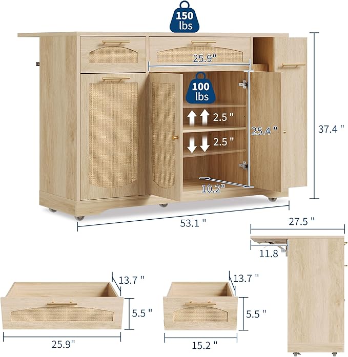 IDEALHOUSE 53.1" Rattan Kitchen Island with Storage, Rolling Dining Cart with Trash Storage Cabinet, Mobile Island Cart with Drop Leaf, Adjustable Shelves, Drawer, 5 Wheels (Natural)