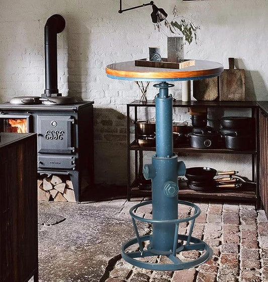 LOKKHAN Industrial Bar Table 38.6"-48.4" Height Adjustable Swivel Round Wood Tabletop 23.7" Dia, Kitchen Dining Office Coffee Bistro Pub Table (Aged Blue)