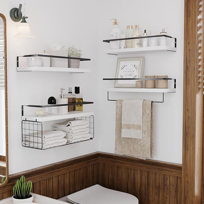 White Wood Floating Shelves Wall Mounted - 4+1 Tier Rustic Bathroom Wall Shelves Over Toilet with Wire Storage Basket and Towel Bar, set of 4 Farmhouse Floating Shelf for Bathroom, Kitchen, Bedroom.