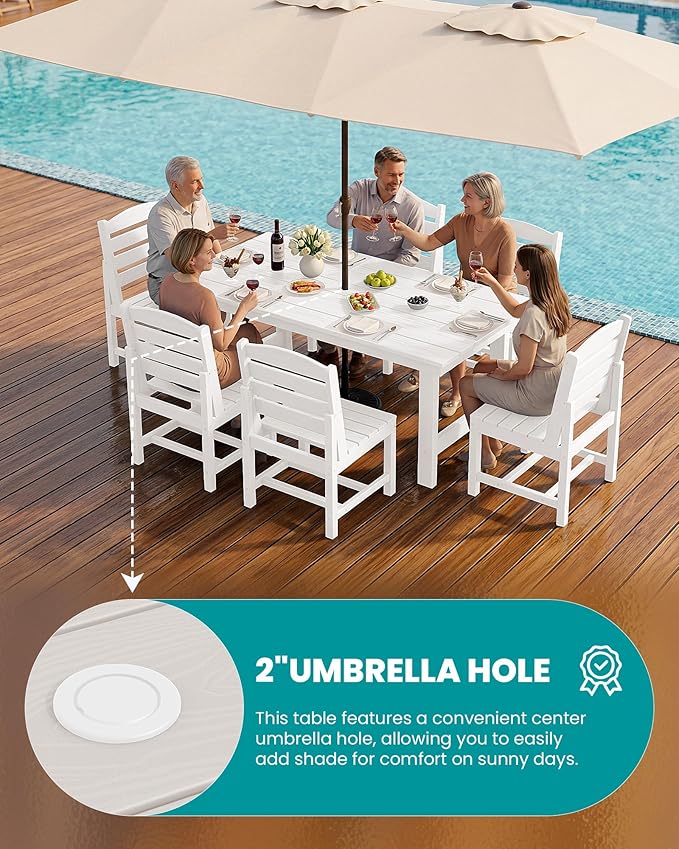SERWALL Patio Dining Sets for 6 Person, HDPE Dining Set with 6 Armless Chairs, White
