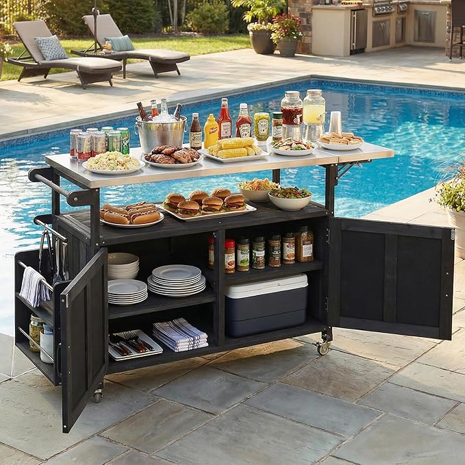 JIJIWANG 60.6" Mobile Kitchen Storage Island with Storage Cabinet and Towel Rack, Foldable Outdoor Kitchen Island with Stainless Steel Top and Lockable Wheels for Patio and Outdoor Black