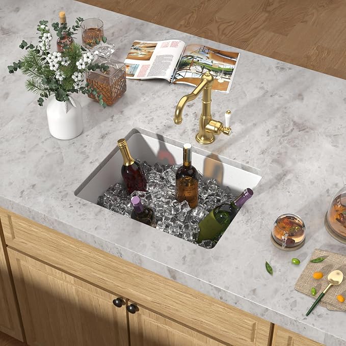 21 Inch White Undermount Bar Sink - Granite Composite Single Bowl Classic Quartz Wet Prep Sink for RV, Kitchen Bar, Boat, and Outdoor #TLGU-135