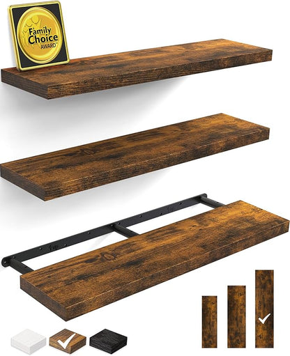 BAYKA Floating Shelves for Wall, Set of 3, 36 Inches Wall Mounted Wood Shelves for Bathroom, Bedroom, Living Room or Kitchen, Hanging Shelf for Books/Storage/Decor with 30lbs Capacity, Rustic Brown
