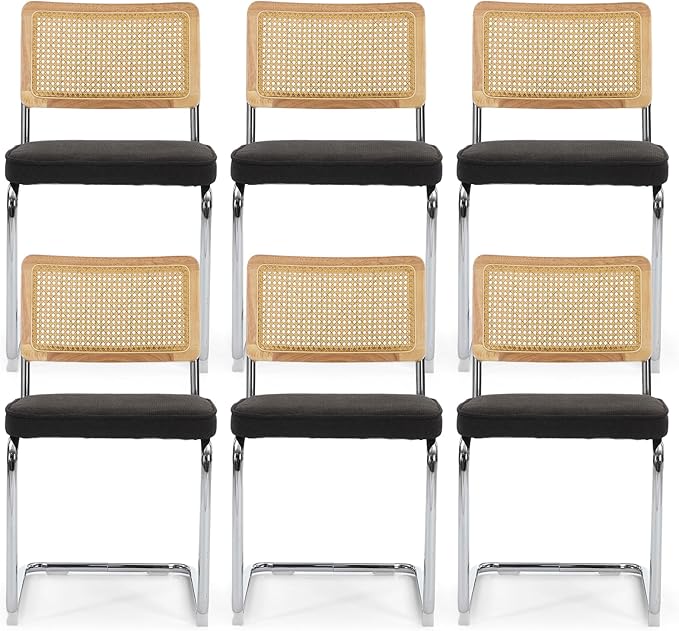 Rattan Back Linen Dining Chair Set of 6 Modern Breuer Designed Stainless Chrome Base Armless Upholstered Dining Chair for Dining Room, Kitchen Island(Black)