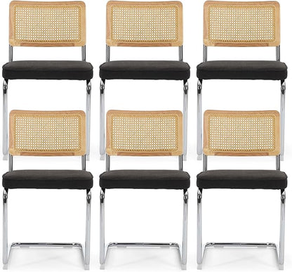 Rattan Back Linen Dining Chair Set of 6 Modern Breuer Designed Stainless Chrome Base Armless Upholstered Dining Chair for Dining Room, Kitchen Island(Black)