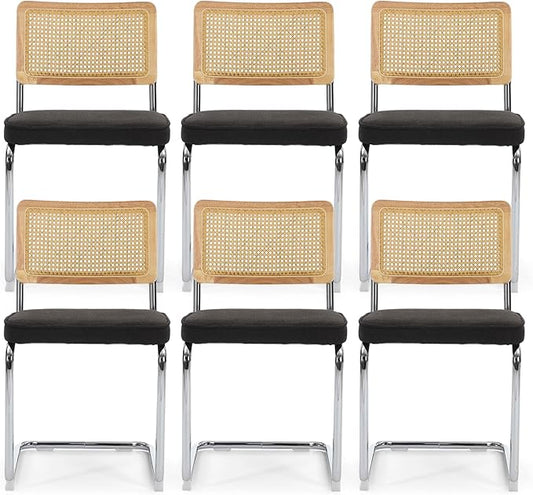 Rattan Back Linen Dining Chair Set of 6 Modern Breuer Designed Stainless Chrome Base Armless Upholstered Dining Chair for Dining Room, Kitchen Island(Black)