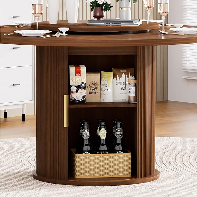 55 inch Round Dining Table for 4-6, Round Wooden Dining Table with Rotating Tabletop Tray & Sliding Door Base, Modern Farmhouse Kitchen Table with 2 Tier Storage Shelf for Kitchen Living Room, Walnut