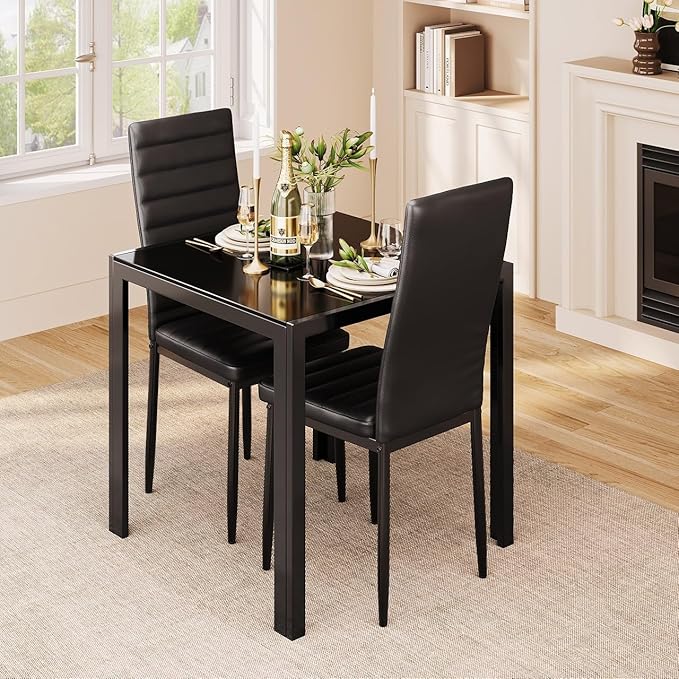 Gizoon 3 Piece Glass Dining Table Set, Kitchen and Chairs for 2, PU Leather Modern Room Sets for Home, Kitchen, Living Room