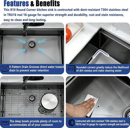 27 Inch Black Undermount Kitchen Sink with Faucet Combo - 27x19 Black Stainless Steel Workstation Sinks Single Bowl Kitchen Sink Undermount with Accessories