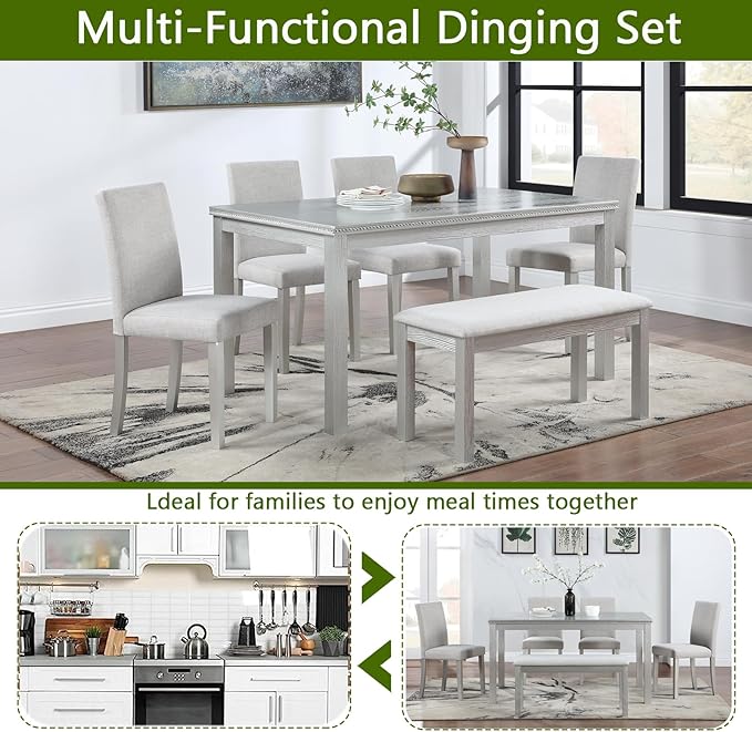 6 Piece Wooden Dining Table Set, Rectangular Dining Table with 4 Upholstered Chairs and 1 Bench, Elegant Dining Table Set with Crystal Decoration for Kitchen, Dining Room, Silver Grey