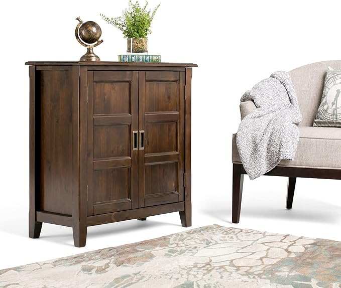 SIMPLIHOME Burlington SOLID WOOD 30 inch Wide Transitional Low Storage Cabinet in Mahogany Brown for the Living Room, Entryway and Family Room