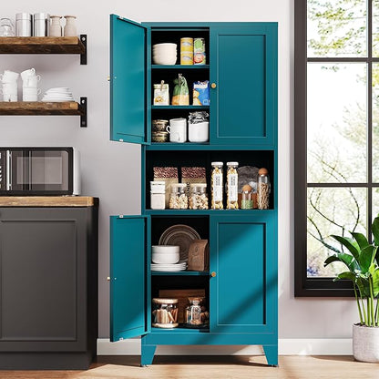 69"H Metal Pantry Cabinet with Microwave Stand,Tall Kitchen Storage Cabinets,Blue Food Pantry Cabinet with 4 Doors and Shelves, Large Hutch Cabinets for Kitchen, Dining Room, Living Room and Bathroom