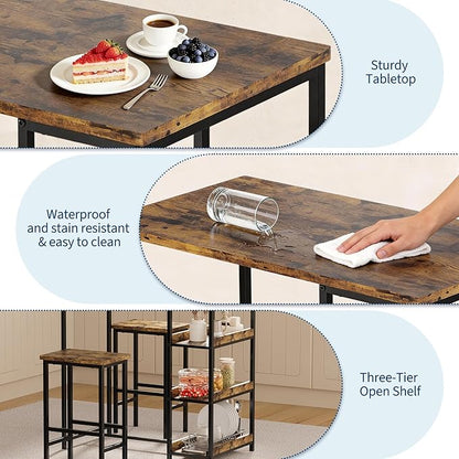IDEALHOUSE 36" Counter Height Dining Table Set for 2 with Bar Stools and Storage Shelves, Space-Saving Kitchen Table for Small Space, Apartment, Studio, Rustic Brown