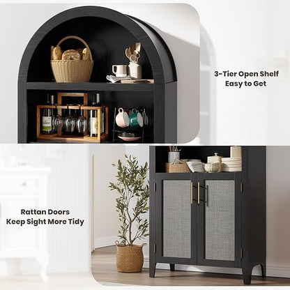 IDEALHOUSE Arched Kitchen Pantry Cabinet with Doors - 5-Tier Open Display Shelf with Rattan Decor, Farmhouse Storage Cabinet for Kitchen, Dining Room, Living Room, Black