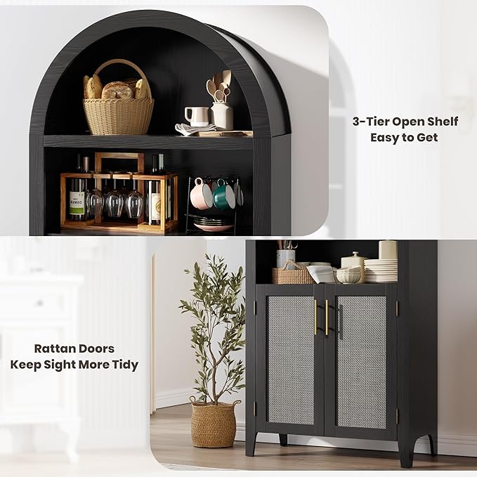Garvee Arched Kitchen Pantry Storage Cabinet - 5-Tier Open Display Shelf with Rattan Decor, Farmhouse Storage Cabinet for Kitchen, Dining Room, Living Room, Black