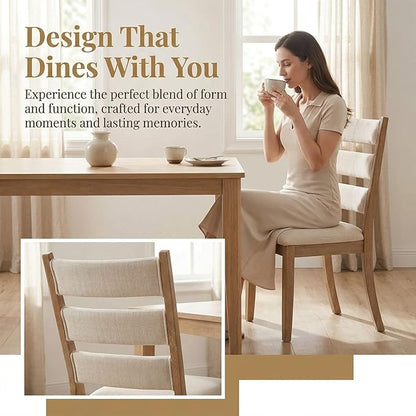Beige Dining Chairs Set of 4, French Country Upholstered Chenille Ladder High Back Dining Room Kitchen Side Chairs with Brown Legs/Non-Slip Foot Mats