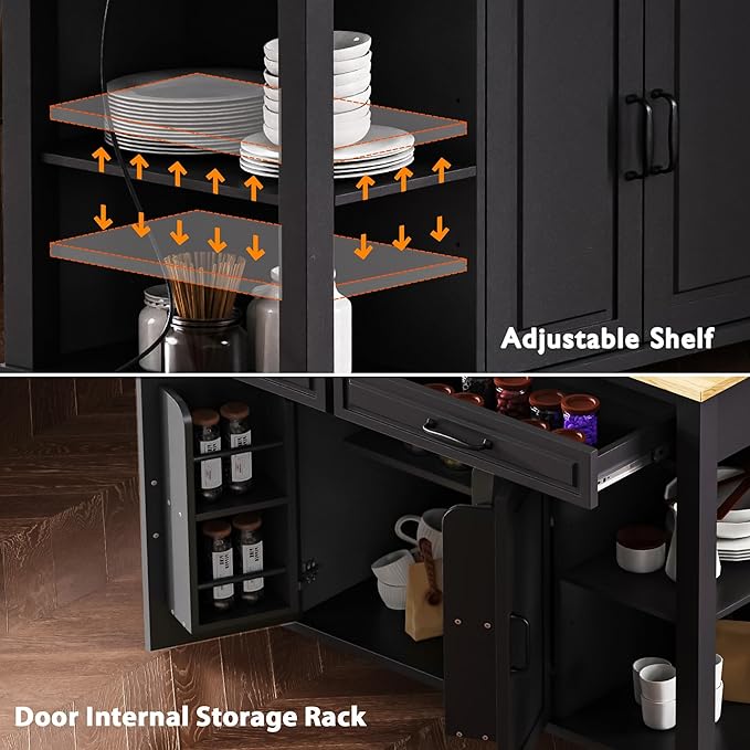 Kitchen Island with Extendable Dining Table 2 Drawers and 2 Cabinets Internal Storage Rack and Built-in Power Outlet with Wheels Practical(Black)