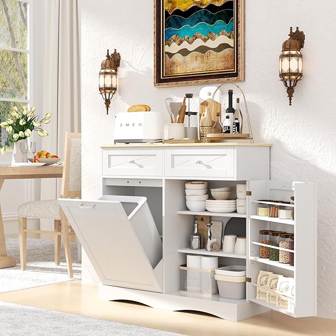 kepptory Tilt Out Trash Can Cabinet for 12 Gallon Trash Can, Modern Kitchen Island Cabinet with Adjustable Shelf and 2 Drawers for Hidden Laundry Basket, Dog Proof Garbage Can, White