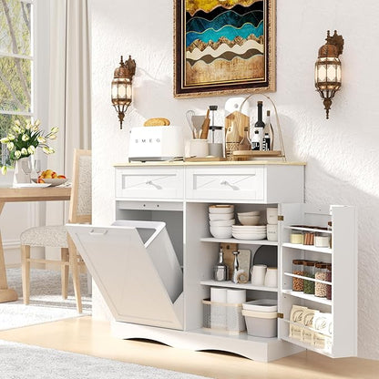 kepptory Tilt Out Trash Can Cabinet for 12 Gallon Trash Can, Modern Kitchen Island Cabinet with Adjustable Shelf and 2 Drawers for Hidden Laundry Basket, Dog Proof Garbage Can, White