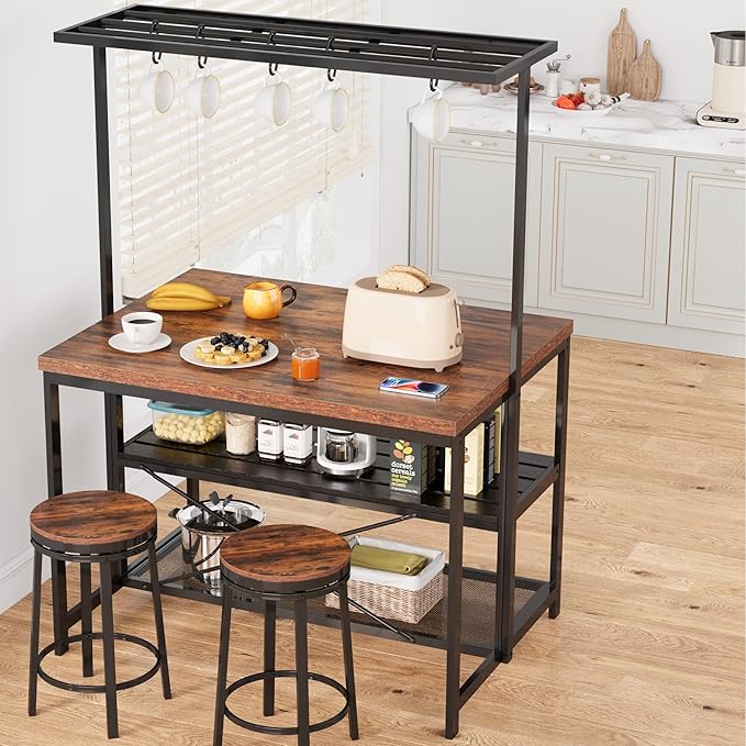CABIHOME 42" Kitchen Island with Storage & Seating - 3-Tier Bakers Rack, Microwave Stand, Dining Table for 4, 5 Hooks & 50lb Capacity, Multi-Functional Island for Small Kitchens (Brown)
