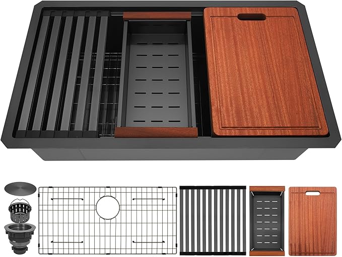 LQS Undermount Kitchen Sink 32 x 18, Large Black Undermount Kitchen Sink, Deep Single Bowl Sinks, Top-Grade 16 Gauage Stainless Steel Nano PVD Material with Round Corner and X-Shape Drain Line