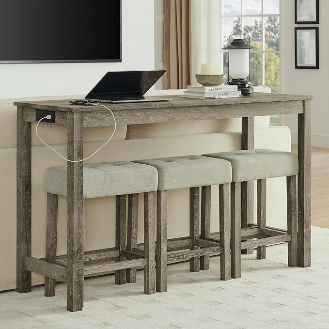 HMFULE 59'' Bar Table and Chairs Set with Power Outlet, Industrial Breakfast Table Set with 3 Padded Stools, Solid Wood Console Table Set for Living Dining Room, Brown