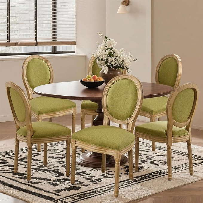 SoarFlash French Dining Chairs Set of 6, Vantage Dining Chair with Round Back, Wood Leg Farmhouse Country Dining Chair for Kitchen,Bedroom,Olive Green