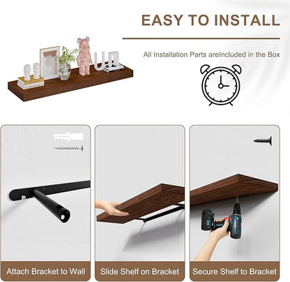 48x12 Inch Floating Shelves for Wall, Set of 2 Solid Wood Wall Shelves, Extra Long Heavy Duty Wall Mount Shelf for Kitchen & Living Room, Rustic Walnut Floating Shelves