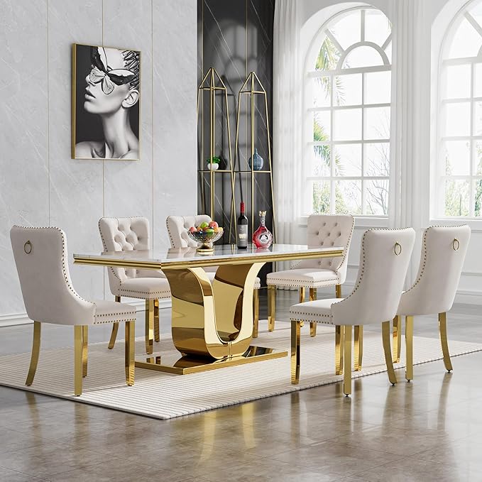 Henf 68" Modern Dining Table for 6, White Marble Kitchen Dining Room Table for 8, Large Rectangular Faux Marble Top and Gold U-Shape Steel Base, Rectangle Pedestal Table for Kitchen, Dining Room