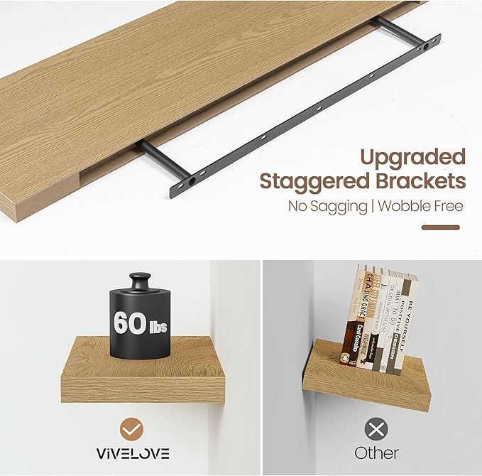 Vivelove 48 Inch Floating Shelves for Wall, 48x9 Display Shelves for Bathroom Living Room Kitchen Bedroom Office Farmhouse Home Decor - Set of 2, Oak